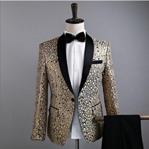 Men Flower Suit Groom Wedding Formal Dress Party Singer Stage Performance Dresses Slim Nigghtclub Bars Singers Choral Slim