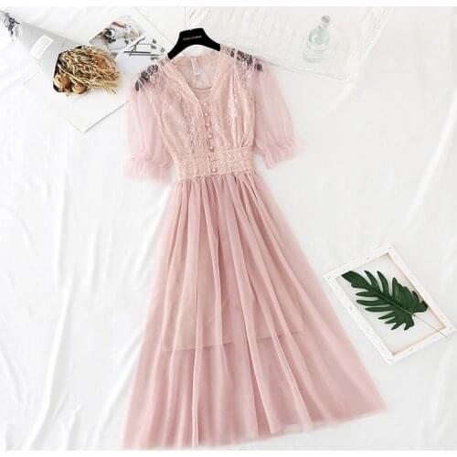 New Arrival V-Neck Pearls Gazue Dress Women Summer Sweet Hollow Out Short Sleeve Lace Dresses Strap Lining Dress Two piece sets