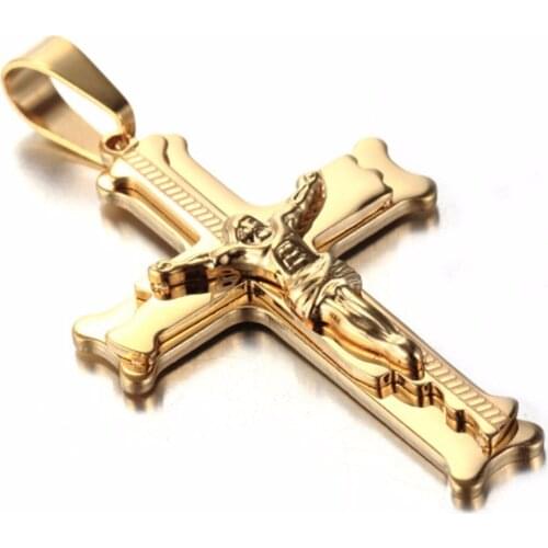 Christmas Cross Jesus Pendant Necklace For Men Women Gold Silver Color Stainless Steel Necklace Catholic Free Chain Gifts