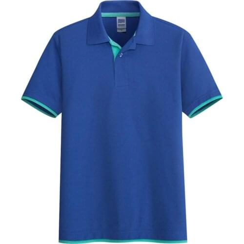 AOLIWEN brand Men Summer Blue 65% Cotton Single Stripe Polo Shirt Button Solid Color Short Sleeve Casual Soft fit Polo Shirt