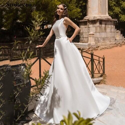 Smileven Elegant Satin Wedding Dresses Sleevelesss Lace Bride Gown Backless Wedding Gown With Sash Vestido de novia 2020