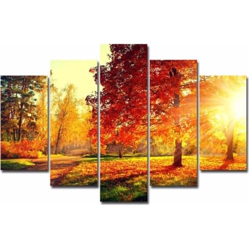 Modern 5 Pieces/pcs Sunset Landscape Canvas Painting Autumn Forest Scenery Wall Art Hd Print Poster Home Decoration Picture