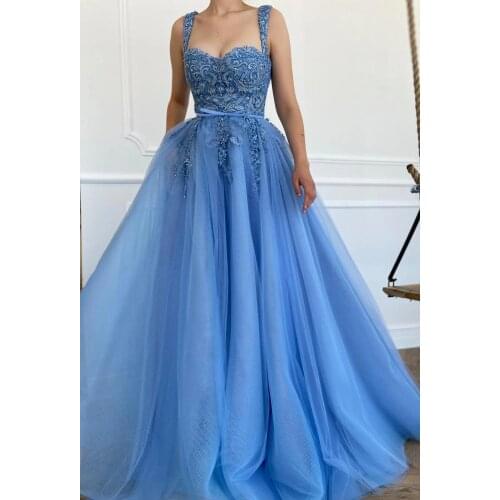 Light Blue Appliques Beaded Prom Dresses 2021 A Line Long Tulle Formal Evening Party Dress Robe De Soiree