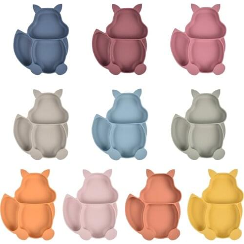 1PC Kids Baby Cute Cartoon Dinner Plate Squirrel Shape Silicone Divided Bowl with Sucker Anti-Slip Children Tableware 10 Colors