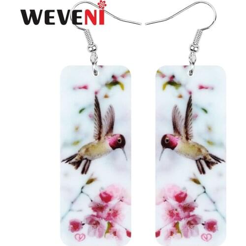 WEVENI Acrylic Rectangle Hummingbird Earrings Long Flower Bird Animal Dangle Drop Jewelry For Women Girls Charm Gift Accessories