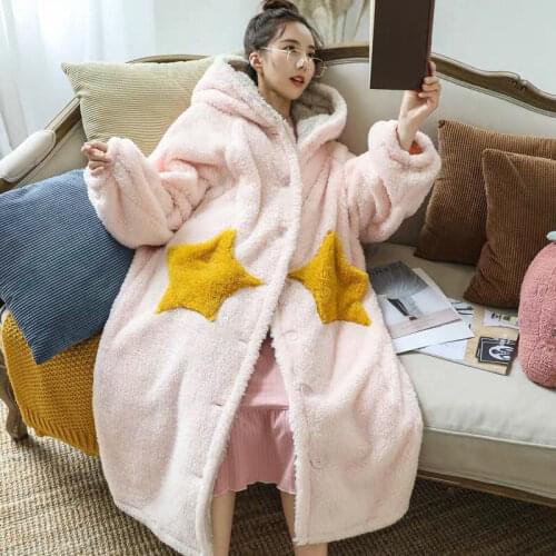 Women Hooded Nightgown Kimono Bath Gown Winter Thick Coral Fleece Sleepwear Robe Winter Loose Flannel Long Nightdress Home Wear