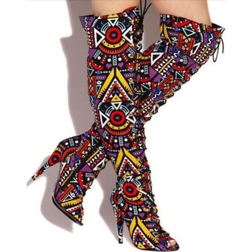 2018 Sexy Women Multi Folk Printing Thigh High Boots High Heels Lace Up Ladies Peep toe Over Knee Mixed Colors Long Knight Botas