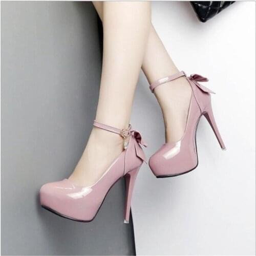 2019 new 12CM super high heel waterproof platform patent leather bow stiletto single shoes wedding shoes high heel womens shoes