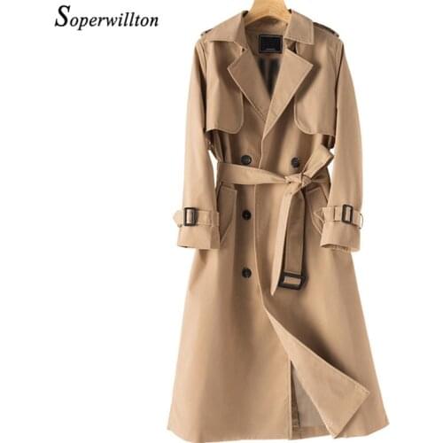 Khaki Cotton Trench Coat Women Autumn Winter Turn Down Collar Overcoat Fashion Long Sleeve Double-breast Windbreaker Belt Black