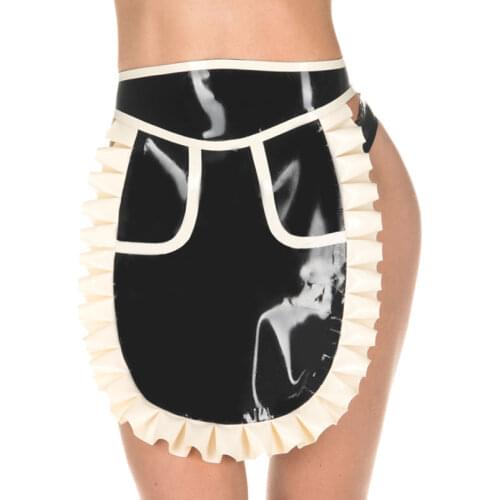 Female Latex Rubber Women Apron Sexy Black and White Pinafore with Lace Handmade S-LPW022