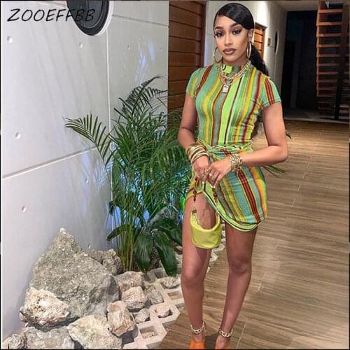 ZOOEFFBB Elegant Striped Bodycon Mini Dress Birthday Outfits for Women 2021 Summer Clothes Party Night Club Short Sleeve Dresses