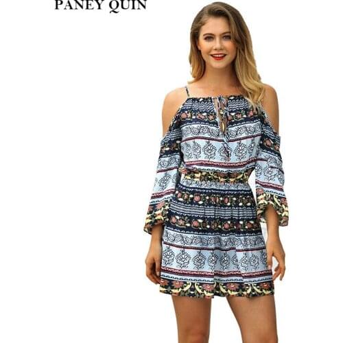 2018 Summer Fashion Women Beach Dress Holiday Bohemia Print Printed Dress Off Shoulder Sweet Style Dress