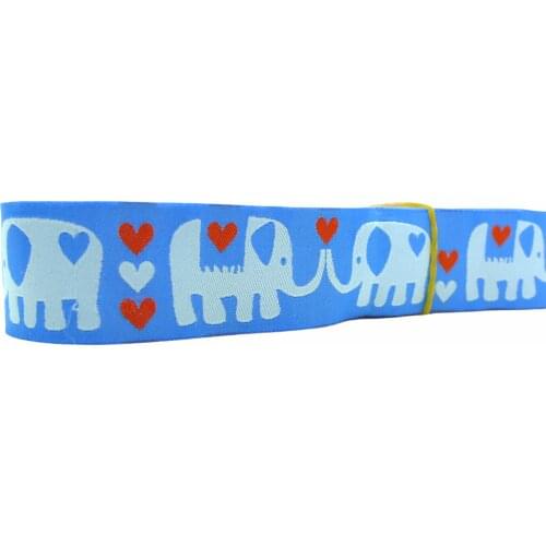 1'' 25mm Wide Love Elephant Light Blue Tone Woven Jacquard Ribbon