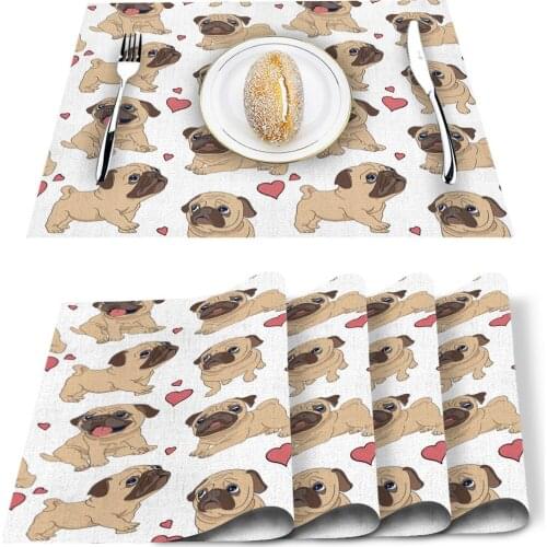 4/6 Pcs Cotton Linen Placemat Pug Cute Heart Dog Cartoon Design Table Mats Napkins Fashion Design Tableware Kitchen Tool