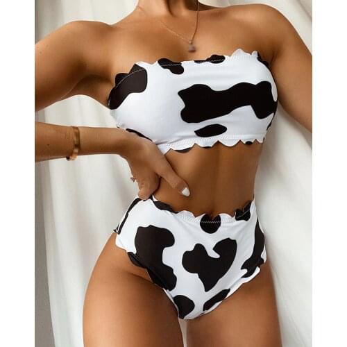 Mossha High waist bikinis 2020 mujer Cow print women swimsuit Bandeau push up swimwear women Retro bathing suit Scalloped bikini