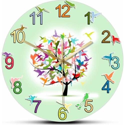 Colorful Spring Tree Quiet Sweep Quartz Wall Clock Nature Lover Home Decor Clock Hummingbirds Tree Inspired Artwork Wall Watch