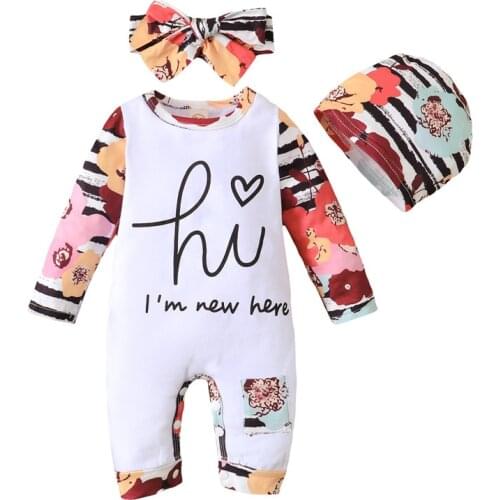 Girls Boys Clothing Outfit Floral Letter Printing Long Sleeve Kid Jumpsuit Cap Headwear Baby Set