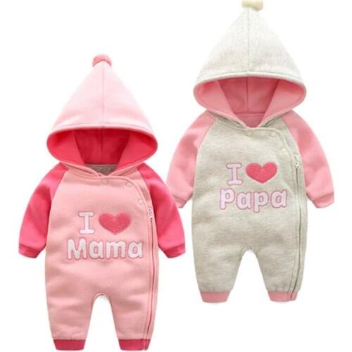 Baby Boys Girls Rompers "I Love Mama Papa" Letter Printed Hooded Jumpsuit Newborn Baby Long Sleeve New Years Clothes BH03