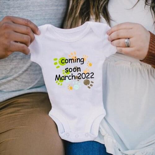 Baby Coming Soon March 2022 Bodysuit Infants Cotton Short Sleeve Jumpsuit Funny Baby White Clothes Sleepwear for Newborns