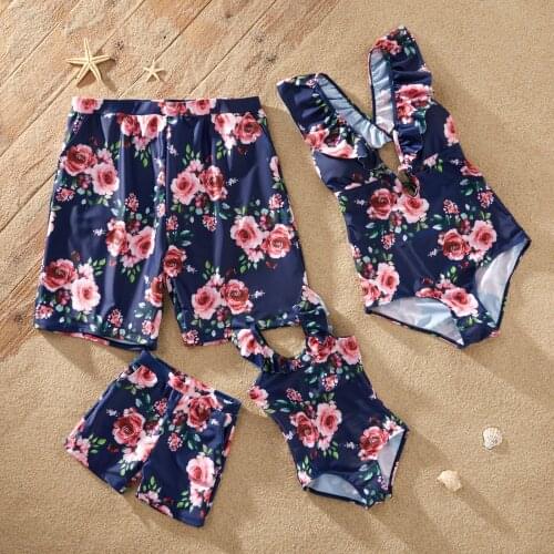 PatPat New Family Look Floral Print Ruffle Decor One-piece Matching Swimsuits