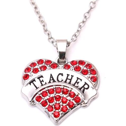 Hot Selling New Arrival rhodium plated zinc studded with sparkling crystals TEACHER heart pendant chain necklace Drop Shipping