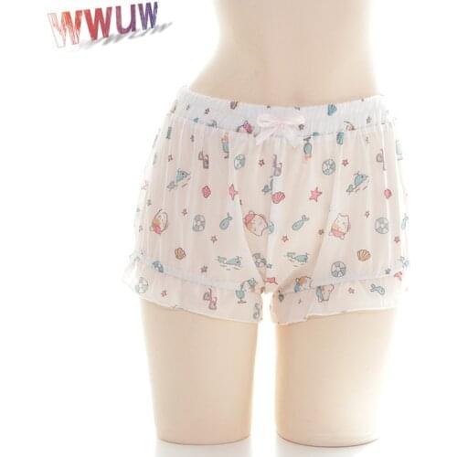 Lolita Kawaii Shorts Women Summer Cute Cartoon Print Teenage Girl Sleepwear Japanese Cosplay Bottom Ruffle Chiffon Bloomers New