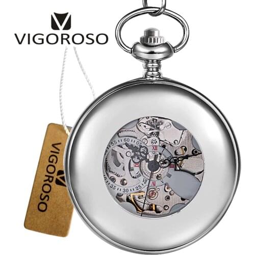 VIGOROSO Mechanical Hand Winding Silver Steel Half Hunter Roman numerals Skeleton Watch FOB Chain Clock Pendant Pocket Watch New