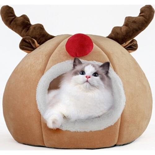 Cute Elk-shaped Pet Cat Bed House Dog Bed Kennel Nest Warm Puppy Kitten Bed Cushion Pad Comfortable Cat House Cave Christmas