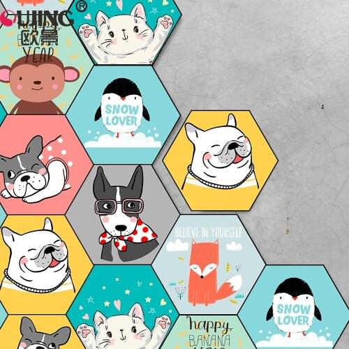 Cartoon Cute Animal Dogs Cats Hexagon Tiles Floor Wall Sticker Childrens Kids Baby Rooms Wallpaper Non-slip Mat DIY Art Mural