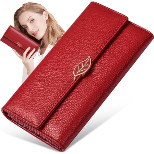 New Fashion Cowhide Womens Wallets Genuine Leather Red Wallet Women Long Three Fold Large Capacity Wallet Clutch Clamp Money Bag