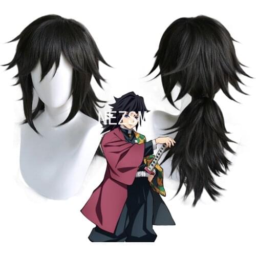 Demon Slayer Kimetsu Tomioka Giyuu Black Ponytail Wig Cosplay Costume Men Women Heat Resistant Synthetic Hair Wigs