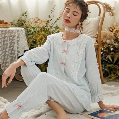 Expectant Mother Nursing Pajamas Set Long Sleeve T-shirt+Trousers 2PCS Pregnant Women Sleepwear Postpartum mother Cotton Pajamas