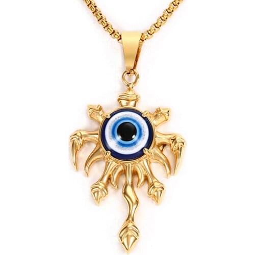 RIR Big Octopus Shaped With Blue Turkish Evil Eye Stone Necklace Pendant In Stainless Steel Silver Gold Color Choose