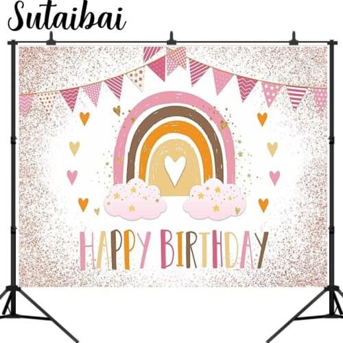 Pink Boho Birthday Rainbow Backdrop Baby Girl Lovely Bday Party Banner Shiny Sand Heart Clouds Glitter Decorations