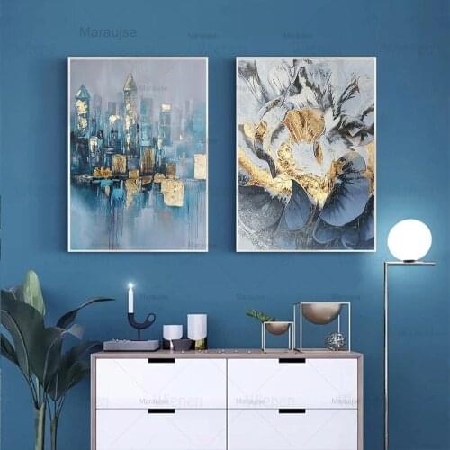 Modern Abstract Gold Blue Building Painting on Canvas Wall Art Poster Nordic Home Decor Flower Pictures For Interior Office