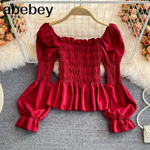 2021 New Summer Korean versatile square collar Lantern Sleeve Shirt high waist pleated Ruffles solid short Shirt Top