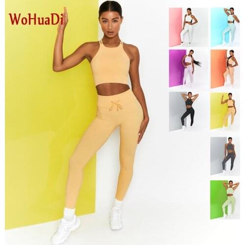 WOHUADI Candy Color Womens Clothing Sport Bra Vest Set Gym Fitness Workout Female Yoga Sportswear High Waist Legging Drawstring