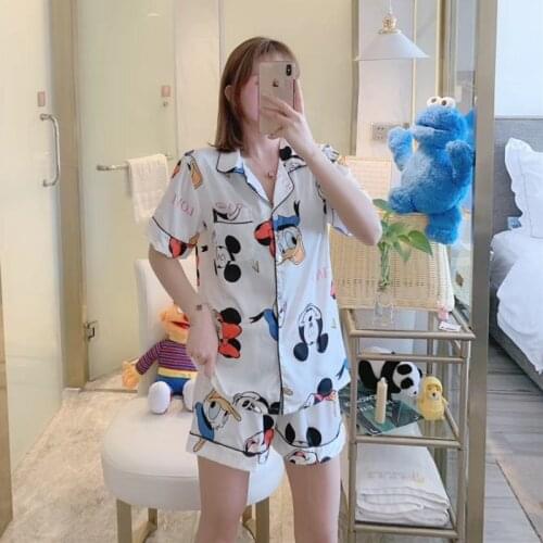 Disney Mickey Minnie ice silk pajamas womens silk sexy thin section cute short-sleeved lapel cardigan ladies home service suit