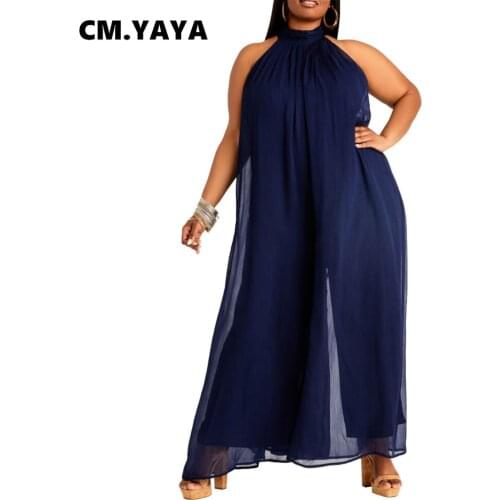 CM.YAYA Women Plus Size Jumpsuit Chiffon Solid Sleeveless Loose Wide Leg Jumpsuits Fashion One Piece Overall Summer Outfits 2021