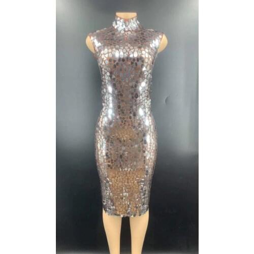 Sparkly Silver Sequins Sleeveless Short Dress Women Celebrate Birthday Dress Prom Party Dress Sexy Mesh See Through Stage Outfit