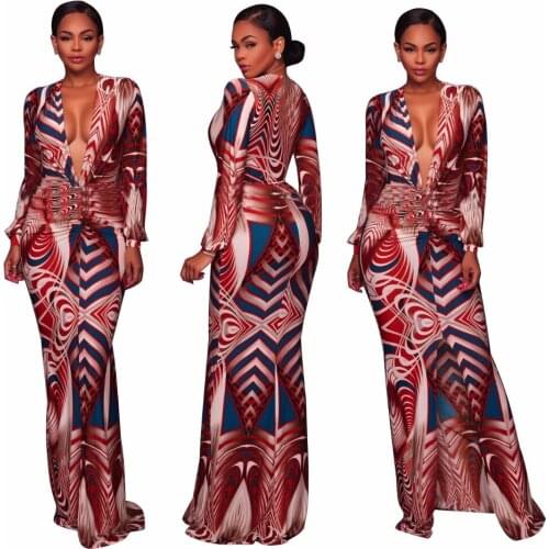 Fashion 2019 Autumn Dress Women Print V-nevk Sexy Long Dresses