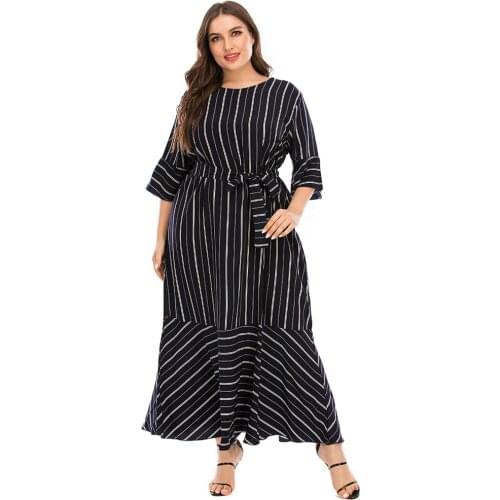 Women Plus Size Dress O-neck Three Quarter Flared Sleeves Striped Printed Lace-up High Waist Casual Dresses Elegant Summer Dress