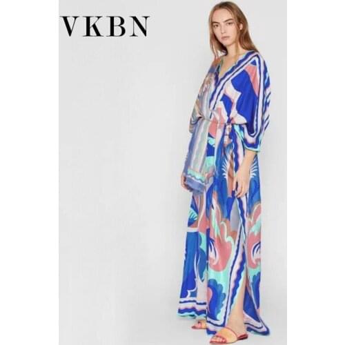 VKBN 2021 Spring Summer High Quality Dress Women Printing Batwing Sleeve V-Neck Plus Size Women Party Dress
