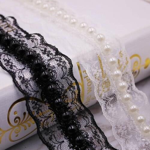 1Yards/Lot Vintage Nylon Pearl Beaded Lace Ribbon Trim African Lace Fabric Embroidered Handmade Beaded Fringe Dress Skirt Sewing