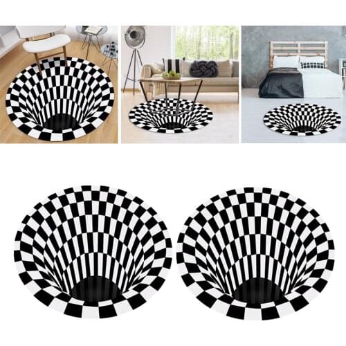 2pcs 3D Area Rug Floor Mat Black White Plaid Round Rugs Anti-Skid Doormat