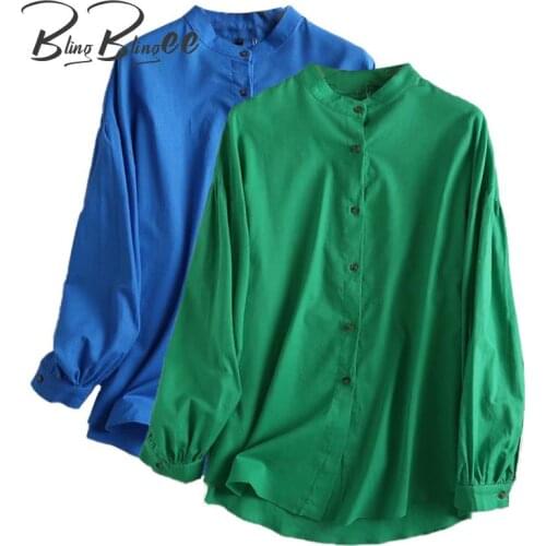 BlingBlingee Green Blue Summer Loose Shirts Fashion Stand Collar Drop Shoulder Women Casual Blouses Curved Hem Female Long Tops