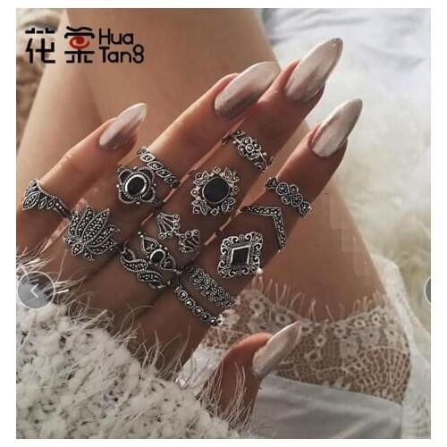 Hua Tang 14pcs/set Vintage Silver Color Lotus Ring Geometry Black Rhinestone Carved Leaf Fan-shaped Numisery Jewelry кольца 9134
