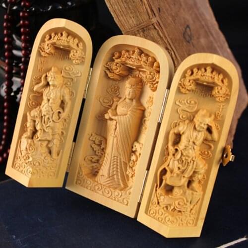 Exquisite Empaistic Natural Boxwood Carving Buddha Western Retinues Three Holy Goddess of Mercy carving handicraft Decoration