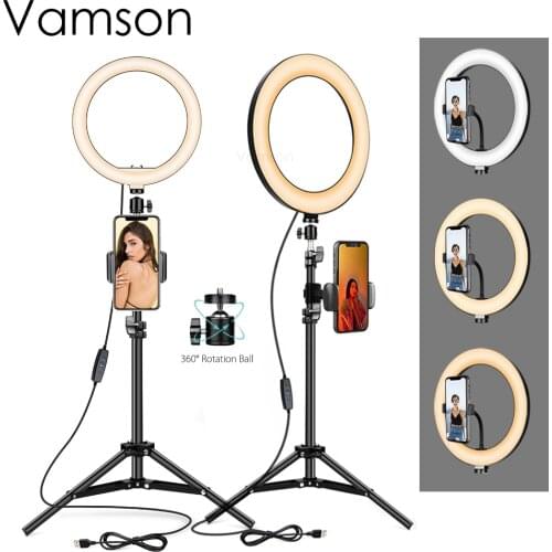 Vamson for Camera iPhone Ring Lamp Tripod and Holder for Video 10Inch Ring Light with Stand LED Camera Selfie Light Ring VLS07B