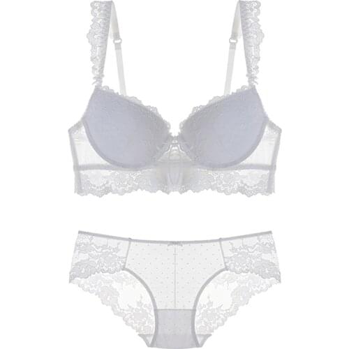 Sexy Lace Bra with String Super Push Up Set Underwear Women Broadside Lace Straps Bra Transparent Panties Lingerie White Black
